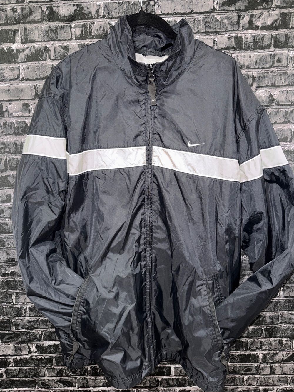 Nike Black Windbreaker Jacket with White / Grey Chest Stripe Medium